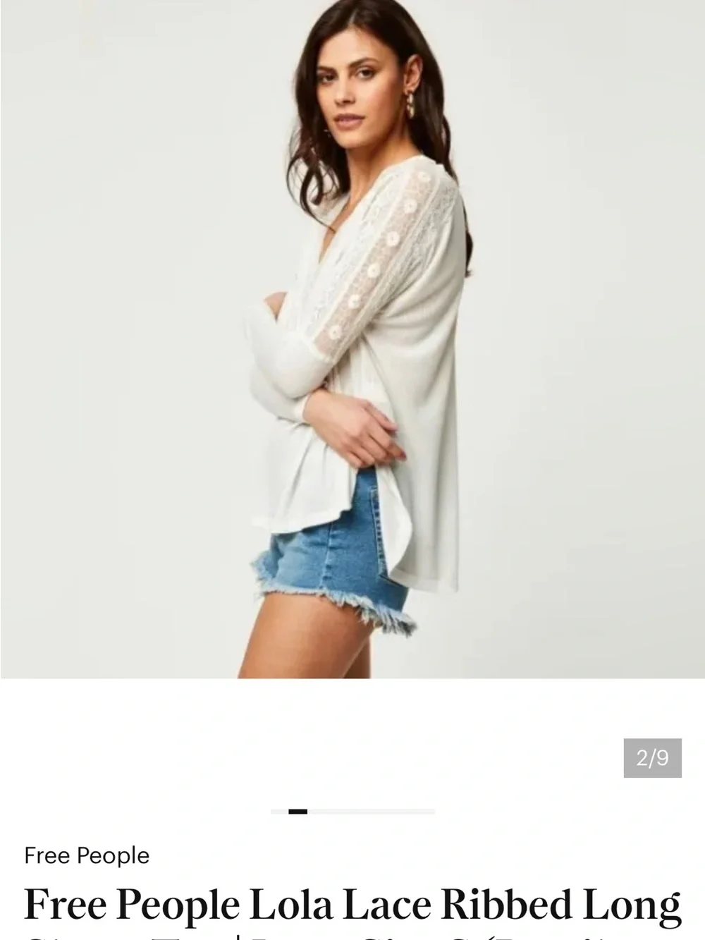 Free People Ivory Lace-Trim V-Neck Long Sleeve Top